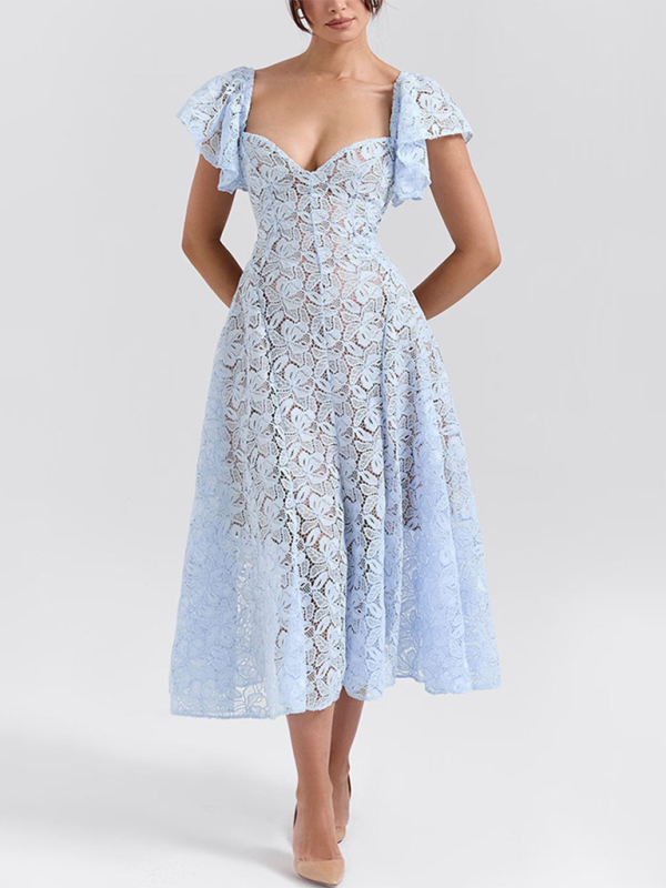 Midi Dresses- Sweetheart Lace Midi Dress with Inner Lining and Ruffle Sleeves- Clear blue- IndioGear.com