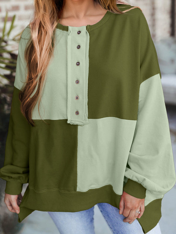 Sweatshirts- High-Low Seam Color Block Front Button Sweatshirt- Green- IndioGear.com