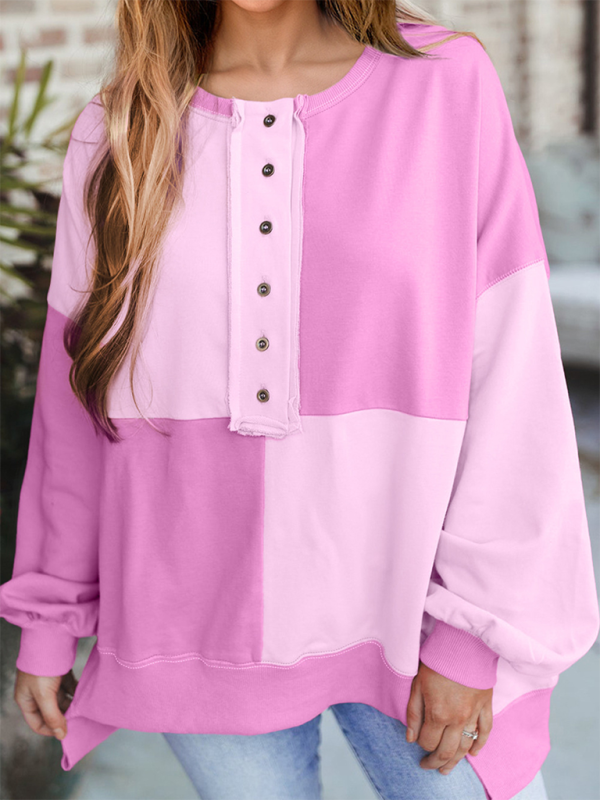 Sweatshirts- High-Low Seam Color Block Front Button Sweatshirt- Pink- IndioGear.com