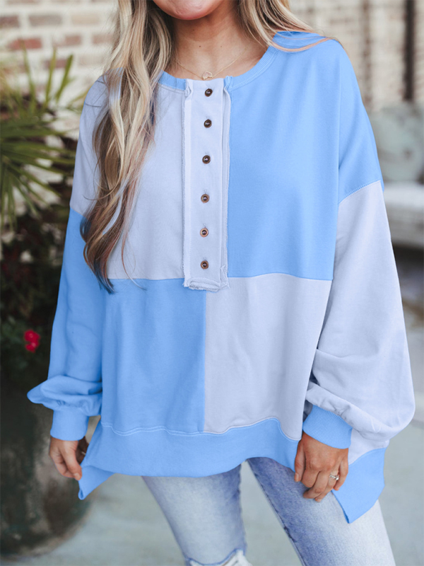 Sweatshirts- High-Low Seam Color Block Front Button Sweatshirt- Sky blue azure- IndioGear.com