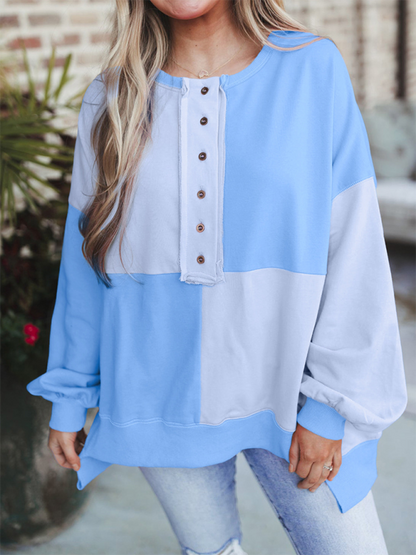 Sweatshirts- High-Low Seam Color Block Front Button Sweatshirt- Sky blue azure- IndioGear.com