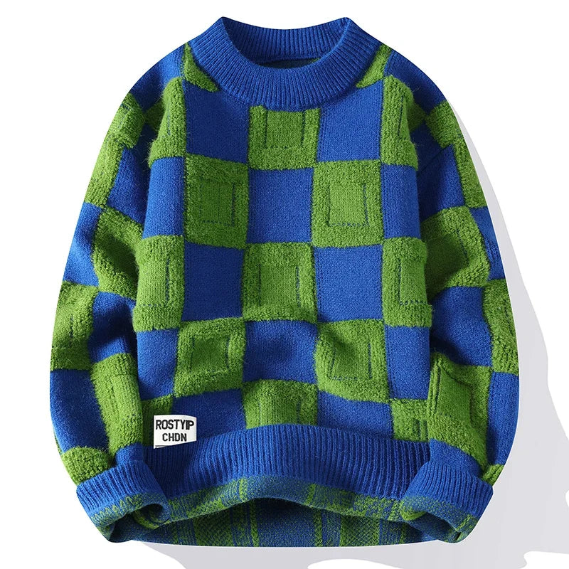 mens sweaters- Urban Lattice Jumper Checkered Knit Men's Sweater- Blue- IndioGear.com