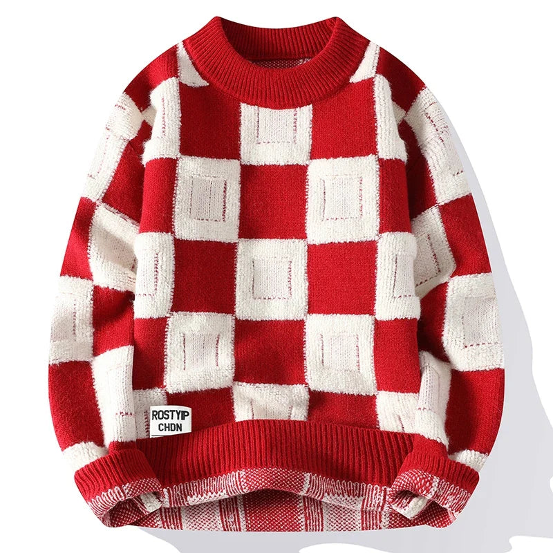 mens sweaters- Urban Lattice Jumper Checkered Knit Men's Sweater- Red- IndioGear.com