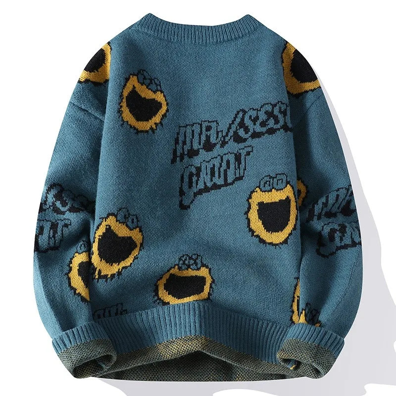 mens sweaters- Harajuku Graphic Knit Sweater – Cozy & Trendy Streetwear- Blue- IndioGear.com