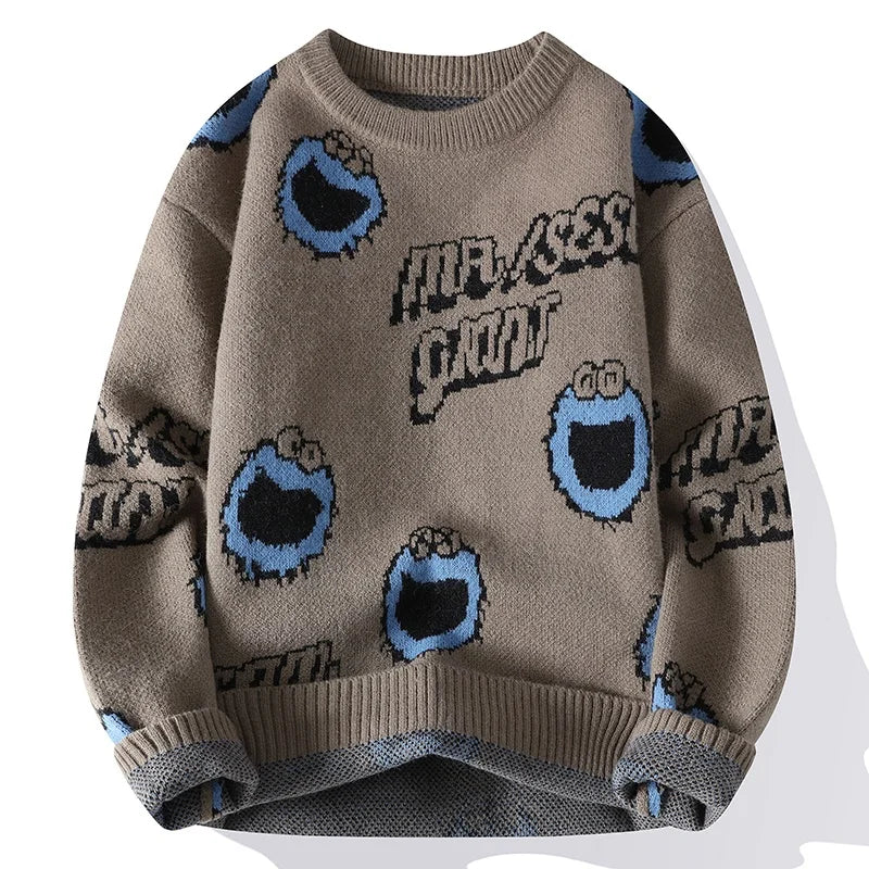 mens sweaters- Harajuku Graphic Knit Sweater – Cozy & Trendy Streetwear- Coffee- IndioGear.com