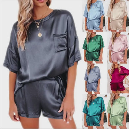 Silk PJs 2 Piece Oversized Satin Sleepwear with Short Sleeve Top & Shorts