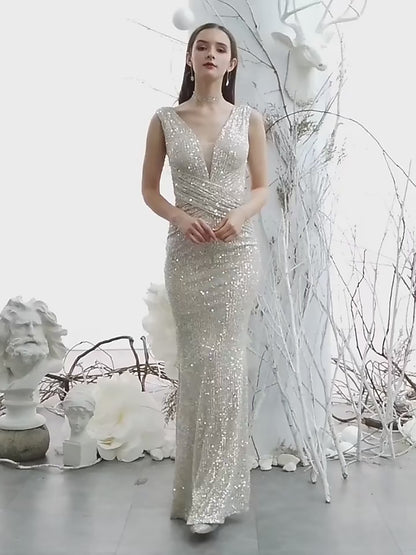 Robe longue moulante à paillettes et col en V glamour pour les événements en soirée ✨