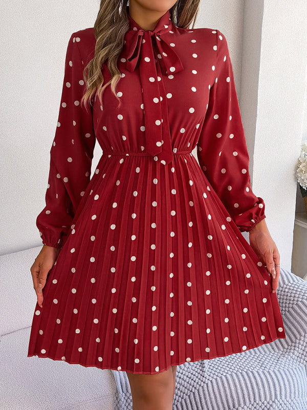 A-Line Dresses- Cocktail Polka Dot Pleated A-Line Stand Collar Bow Dress- Red- IndioGear Fashion and Gear