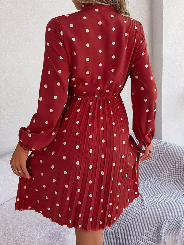 A-Line Dresses- Cocktail Polka Dot Pleated A-Line Stand Collar Bow Dress- - IndioGear Fashion and Gear