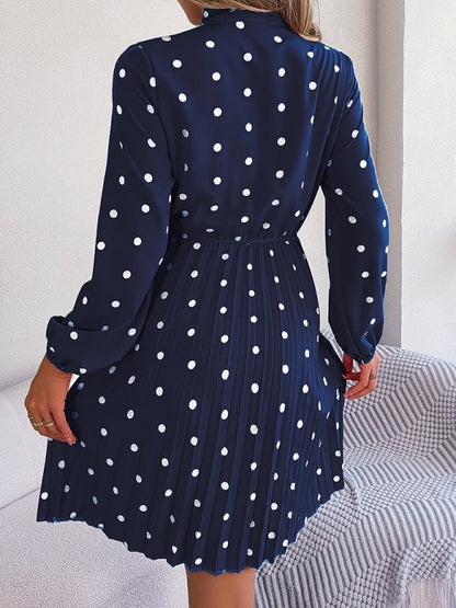 A-Line Dresses- Cocktail Polka Dot Pleated A-Line Stand Collar Bow Dress- - IndioGear Fashion and Gear