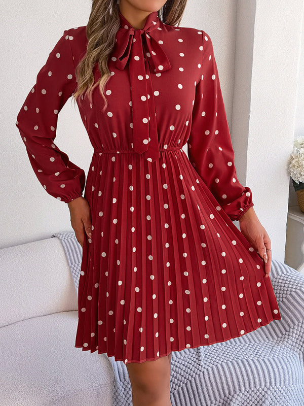 A-Line Dresses- Cocktail Polka Dot Pleated A-Line Stand Collar Bow Dress- - IndioGear Fashion and Gear