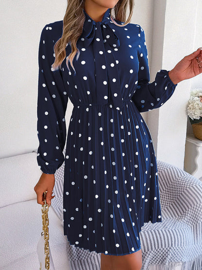 A-Line Dresses- Cocktail Polka Dot Pleated A-Line Stand Collar Bow Dress- - IndioGear Fashion and Gear