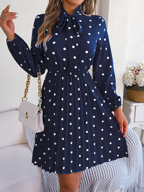 A-Line Dresses- Cocktail Polka Dot Pleated A-Line Stand Collar Bow Dress- - IndioGear Fashion and Gear