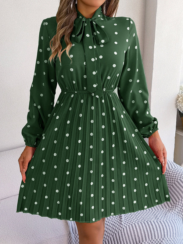 A-Line Dresses- Cocktail Polka Dot Pleated A-Line Stand Collar Bow Dress- - IndioGear Fashion and Gear