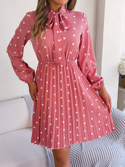 A-Line Dresses- Cocktail Polka Dot Pleated A-Line Stand Collar Bow Dress- Pink- IndioGear Fashion and Gear