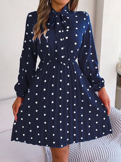 A-Line Dresses- Cocktail Polka Dot Pleated A-Line Stand Collar Bow Dress- Blue- IndioGear Fashion and Gear