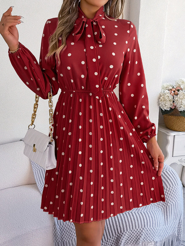 A-Line Dresses- Cocktail Polka Dot Pleated A-Line Stand Collar Bow Dress- - IndioGear Fashion and Gear