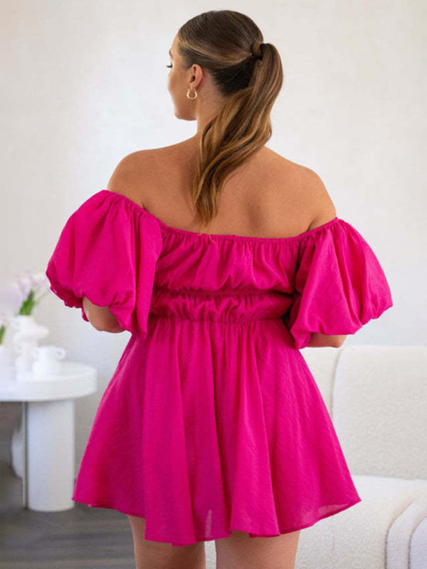 A-Line Dresses- Elastic Off Shoulder Balloon Sleeve Dress- - IndioGear Fashion and Gear