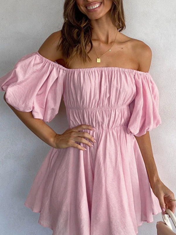 A-Line Dresses- Elastic Off Shoulder Balloon Sleeve Dress- Pink- IndioGear Fashion and Gear