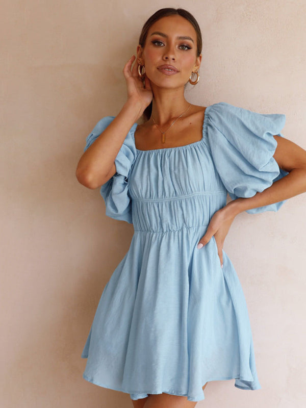 A-Line Dresses- Elastic Off Shoulder Balloon Sleeve Dress- - IndioGear Fashion and Gear