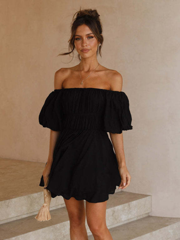 A-Line Dresses- Elastic Off Shoulder Balloon Sleeve Dress- - IndioGear Fashion and Gear