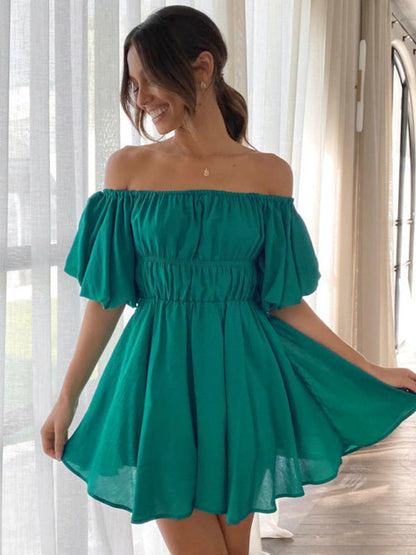 A-Line Dresses- Elastic Off Shoulder Balloon Sleeve Dress- Green- IndioGear Fashion and Gear