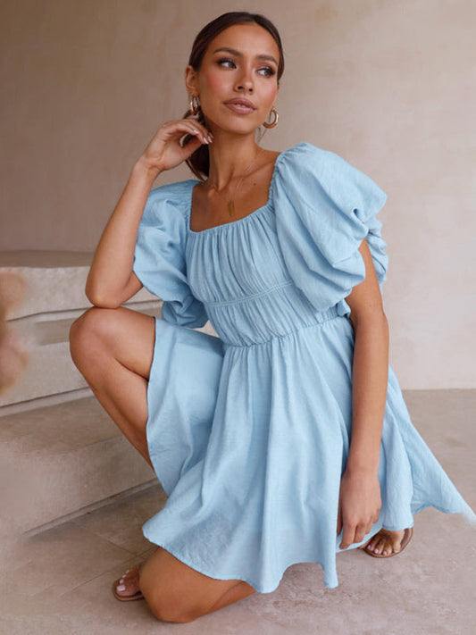 A-Line Dresses- Elastic Off Shoulder Balloon Sleeve Dress- Blue- IndioGear Fashion and Gear