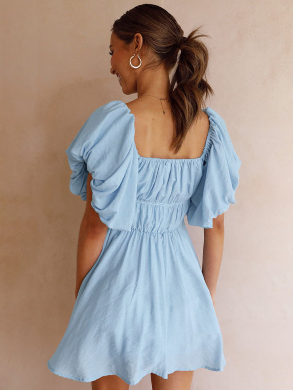 A-Line Dresses- Elastic Off Shoulder Balloon Sleeve Dress- - IndioGear Fashion and Gear