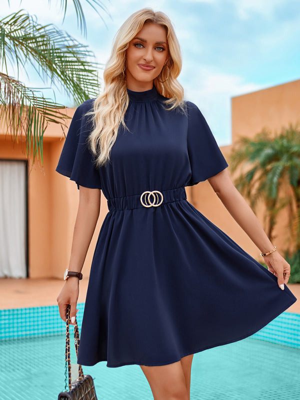 A-Line Dresses-Solid Belted A-Line Mini Dress with Stand Collar & Flared Sleeves-Pekosa Women Clothing