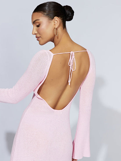 Backless Bell Sleeve Textured Mini Dress