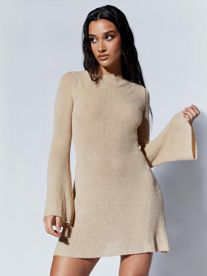 Backless Bell Sleeve Textured Mini Dress