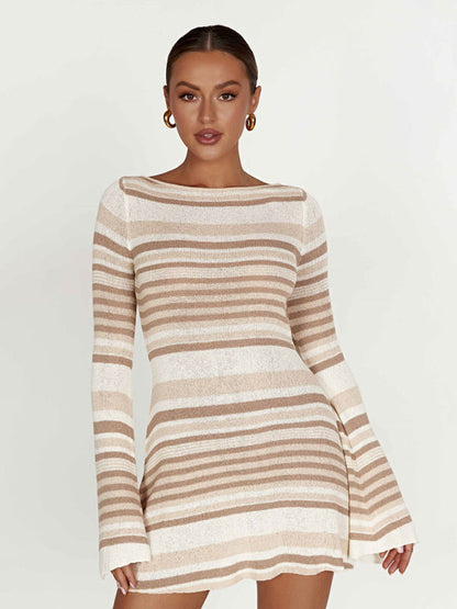 Backless Bell Sleeve Textured Mini Dress