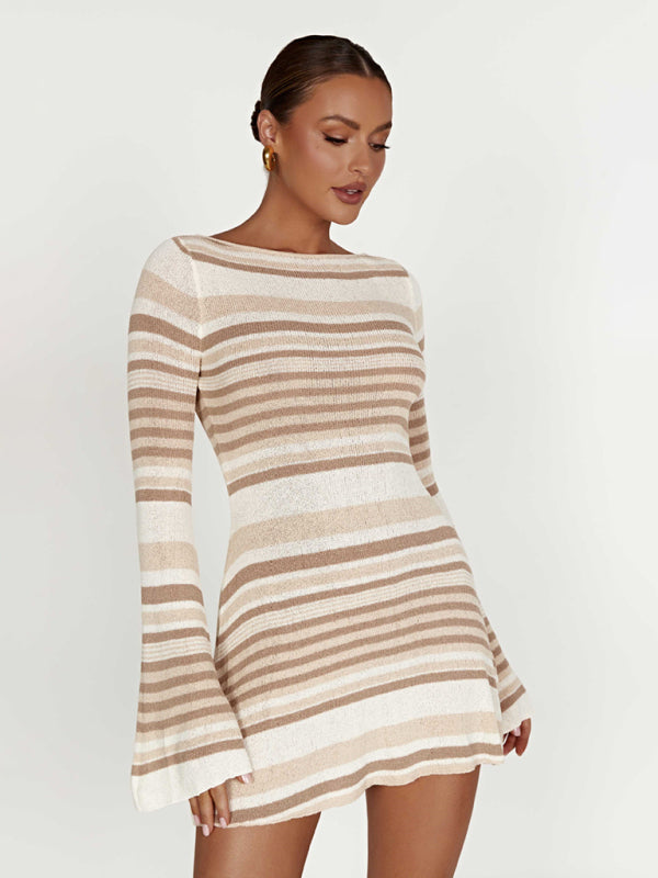 Backless Bell Sleeve Textured Mini Dress