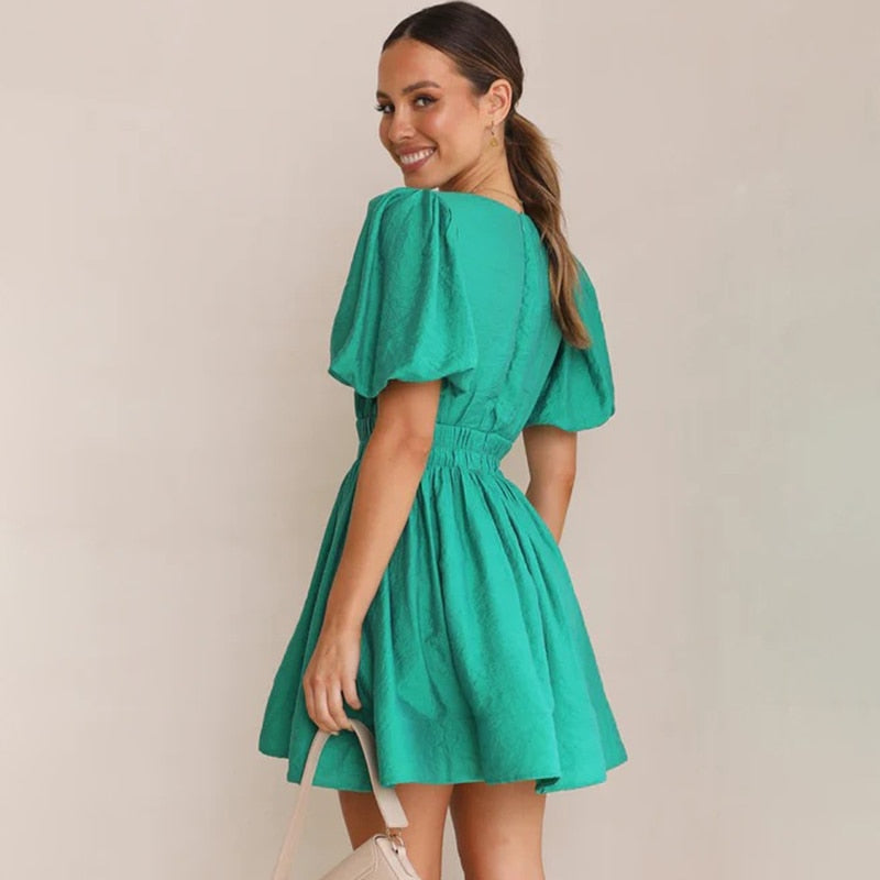 A-line Dresses- A-Line Plunge Mini Dress with Balloon Sleeve- - IndioGear Fashion and Gear