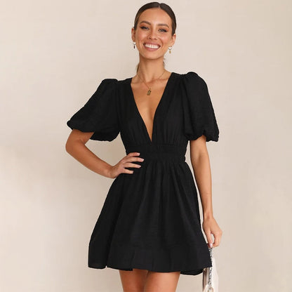 A-line Dresses- A-Line Plunge Mini Dress with Balloon Sleeve- - IndioGear Fashion and Gear