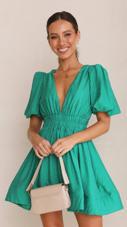 A-line Dresses- A-Line Plunge Mini Dress with Balloon Sleeve- Green- IndioGear Fashion and Gear