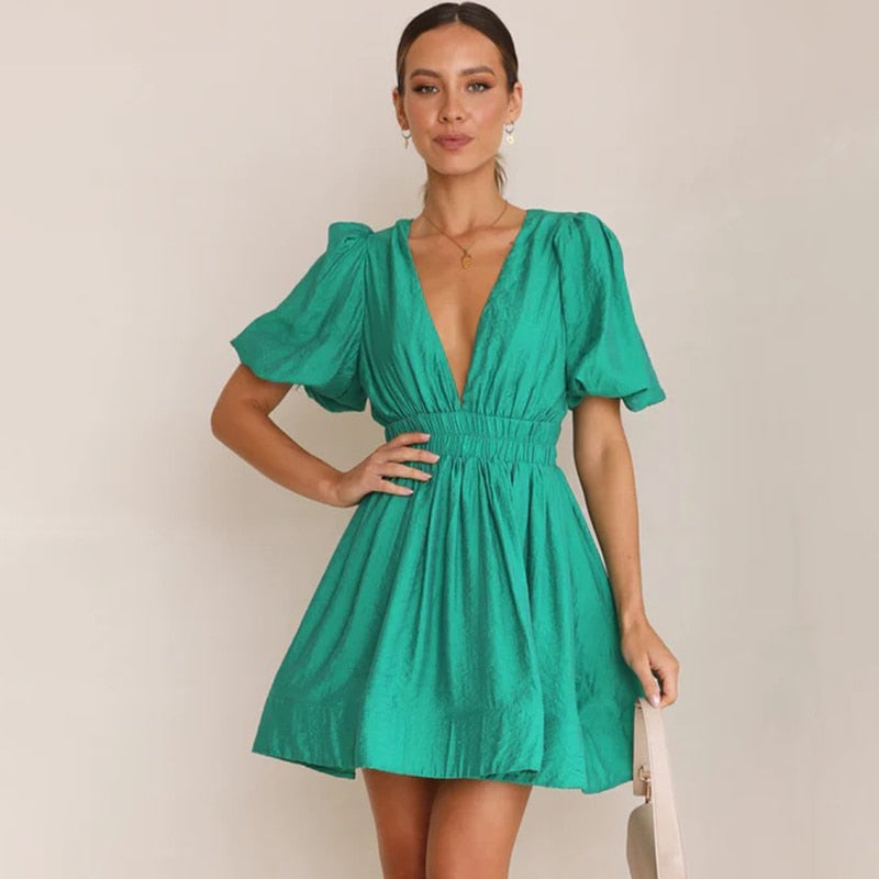 A-line Dresses- A-Line Plunge Mini Dress with Balloon Sleeve- - IndioGear Fashion and Gear