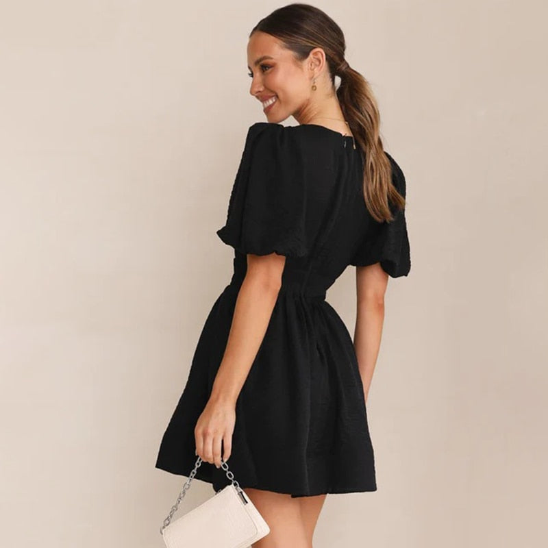 A-line Dresses- A-Line Plunge Mini Dress with Balloon Sleeve- - IndioGear Fashion and Gear