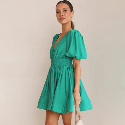 A-line Dresses- A-Line Plunge Mini Dress with Balloon Sleeve- - IndioGear Fashion and Gear