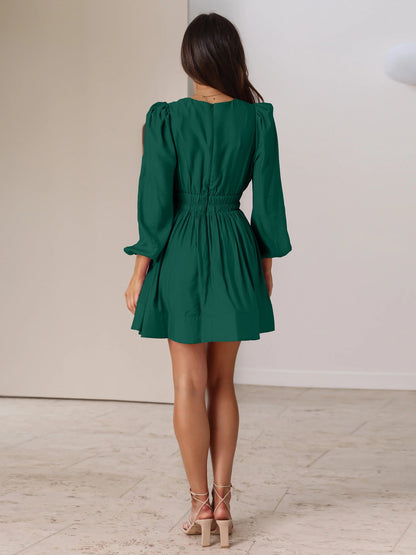 A-line Dresses- Elegant A-Line Plunge Dress with Elastic Waist- - IndioGear Fashion and Gear