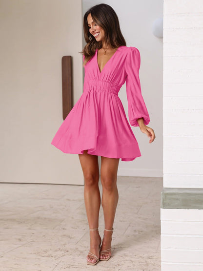 A-line Dresses- Elegant A-Line Plunge Dress with Elastic Waist- - IndioGear Fashion and Gear