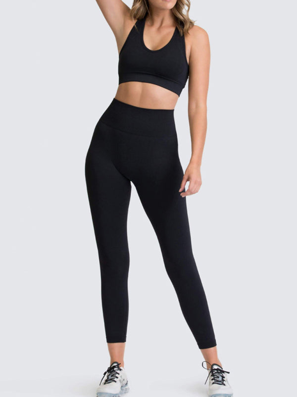 Activewear- Fashion Workout Butt Lifting Leggings & Active Crop Top Set- Black- IndioGear Fashion and Gear