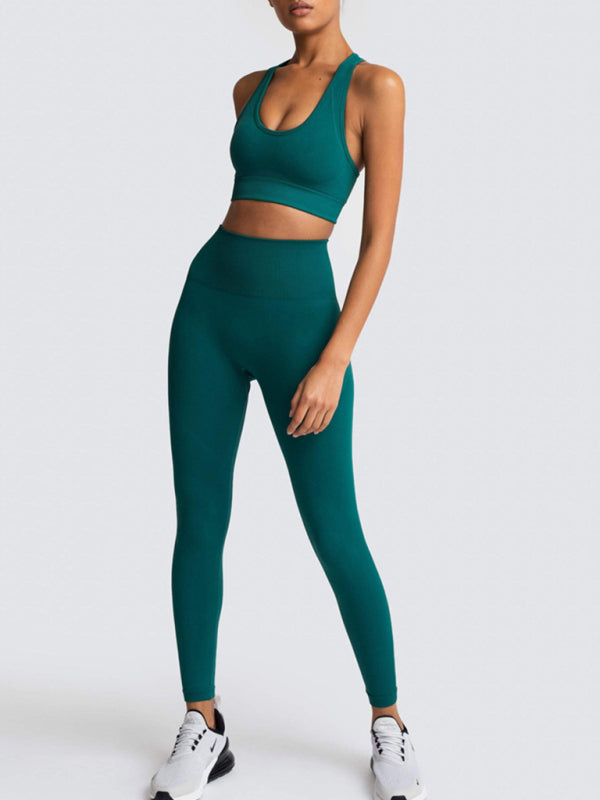 Activewear- Fashion Workout Butt Lifting Leggings & Active Crop Top Set- Green black jasper- IndioGear Fashion and Gear