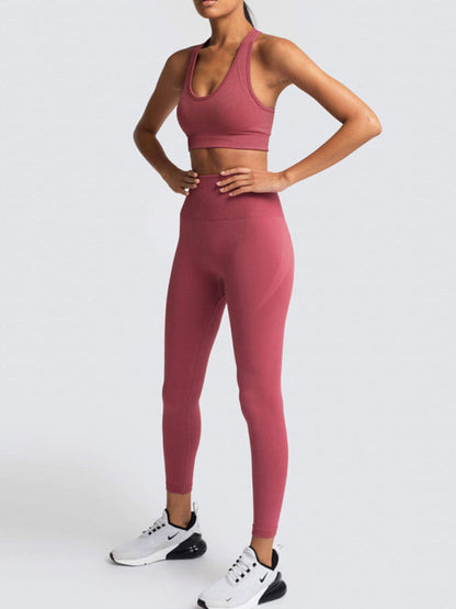 Activewear- Fashion Workout Butt Lifting Leggings & Active Crop Top Set- Red bean grey- IndioGear Fashion and Gear