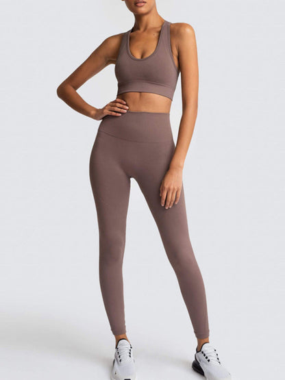 Activewear- Fashion Workout Butt Lifting Leggings & Active Crop Top Set- Coffee- IndioGear Fashion and Gear