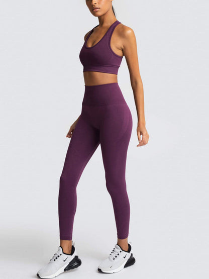 Activewear- Fashion Workout Butt Lifting Leggings & Active Crop Top Set- Purplish red- IndioGear Fashion and Gear