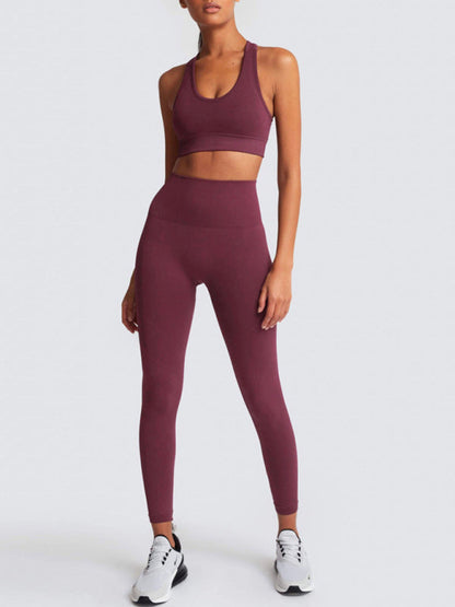 Activewear- Fashion Workout Butt Lifting Leggings & Active Crop Top Set- Wine Red- IndioGear Fashion and Gear