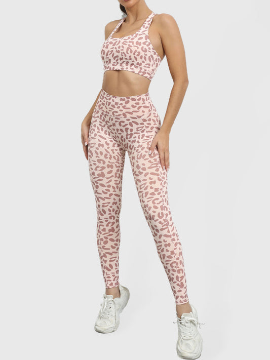 Activewear- Gym Yoga Set: Leopard Print Tank Top + Scrunch Butt Lifting Leggings- Khaki- IndioGear Fashion and Gear