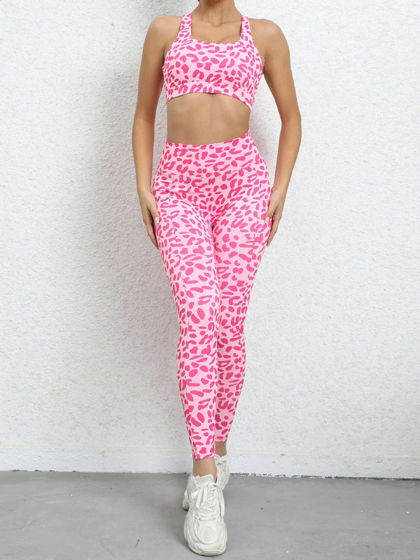 Activewear- Gym Yoga Set: Leopard Print Tank Top + Scrunch Butt Lifting Leggings- Rose- IndioGear Fashion and Gear