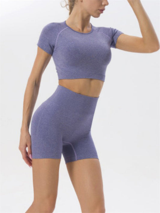 Activewear- Sculpt Your Body with our Seamless Butt Lifting Shorts + Crop Top Set- Blue grey- IndioGear Fashion and Gear